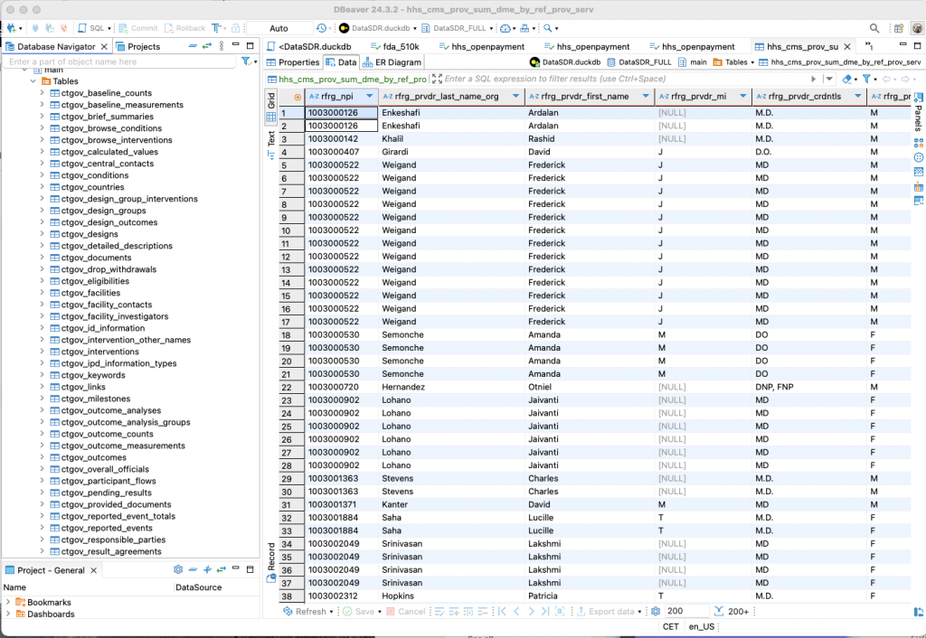 Screenshot of available data sources.