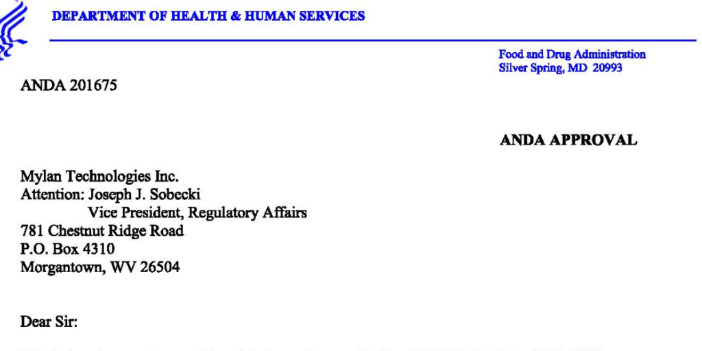 Screenshot of sample drug approval.